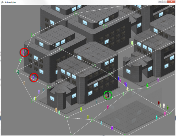 Civilians move around the city on a node network.